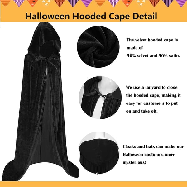 Unisex voksen hættekappe lang fløjlskappe Halloween Cosplay kostumer Black