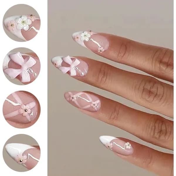 24 pcs Short Almond French Manicure False Nails with Glue, A