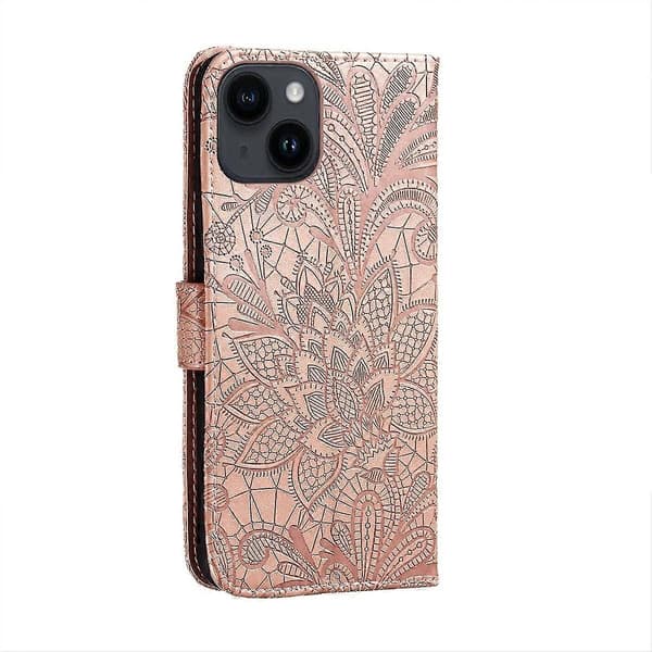 Blomsterpreget skinnveske til iPhone 15 Plus Rose Gold