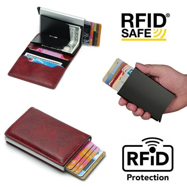 PopUp Smart Card Holder Pushes Forward 8 Cards RFID-NFC Secure Brown Brown Gul Utan Knapp