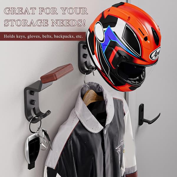 Helmet Holder Wall Mount Motorcycle Helmet Rack with Double Hooks Solid Wood & Steel Helmet Display Hanger for Helmets Jackets & Coats