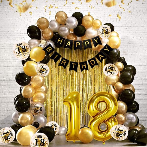 18 år svart gull bursdagsdekorasjon, gratulerer med dagen banner, h