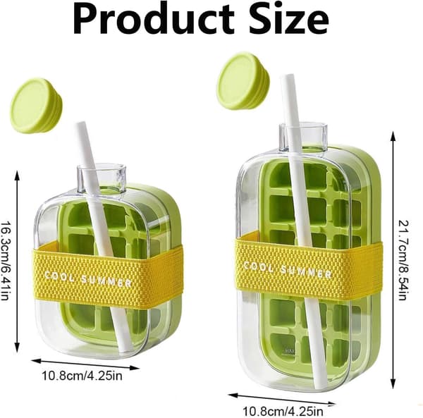 Green 2-in-1 Ice Cube Bottle with Straw - 800ml Touch-Free Ice Maker & Water Bottle for Coffee, Juice, Drinks, Easy Release