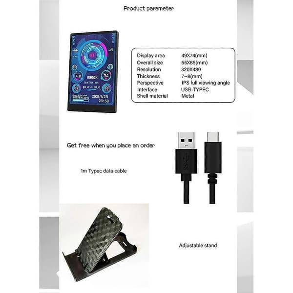 3,5 tums IPS USB Mini-skärm AIDA64 PC CPU RAM HDD Datamonitor Dator Temperaturdisplay Typ-C
