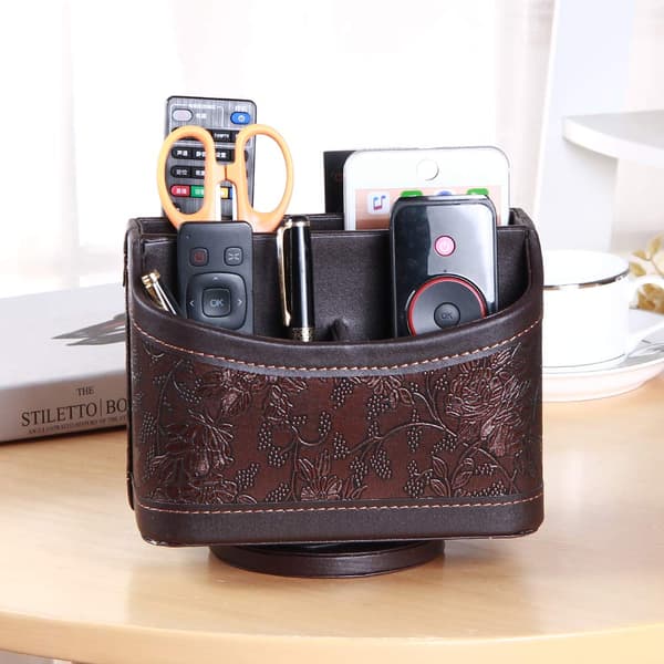 360° Rotating Remote Control Holder, PU Leather TV Remote Control Desk Organizer with 5 Compartments for TV, DVD, Blu-Ray Remotes flower