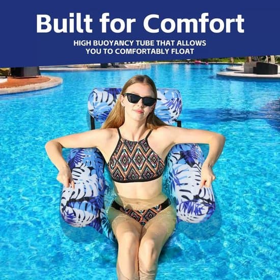 Inflatable Water Hammock Pool - Floating Water Chair With 3 Air Chambers - Inflatable Pool Lounge - Blue Leaf Pattern
