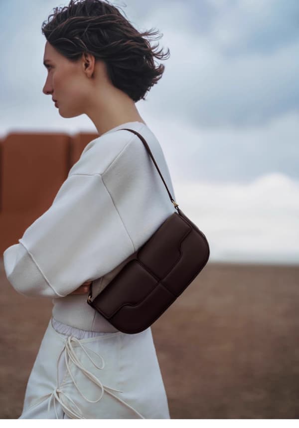Polène Baguette Osmo Slät Läder Tote Mode Axelväska Dark Brown
