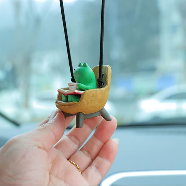 Frog Rearview Mirror Hanging Accessory, Cute Frog Sitting on a Sofa, Reading and Drinking Coffee, Car Ornament, Pendant.