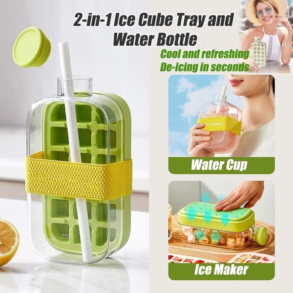 Green 2-in-1 Ice Cube Bottle with Straw - 800ml Touch-Free Ice Maker & Water Bottle for Coffee, Juice, Drinks, Easy Release