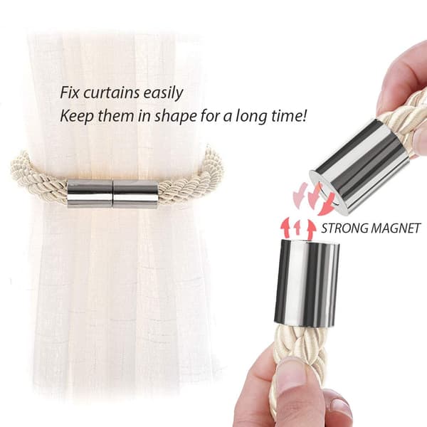 2-pack Strong Magnetic Curtain Tiebacks, Convenient Decorative Braided Rope Curtain Holders for Thin or Thick Curtains (Beige)