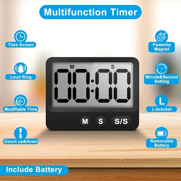 Timer (Sort), Digital Køkkentimer, 100 Minutters Nedtælling og Timer, L-formet Vinkel og Magnetisk Timer til Madlavning, A