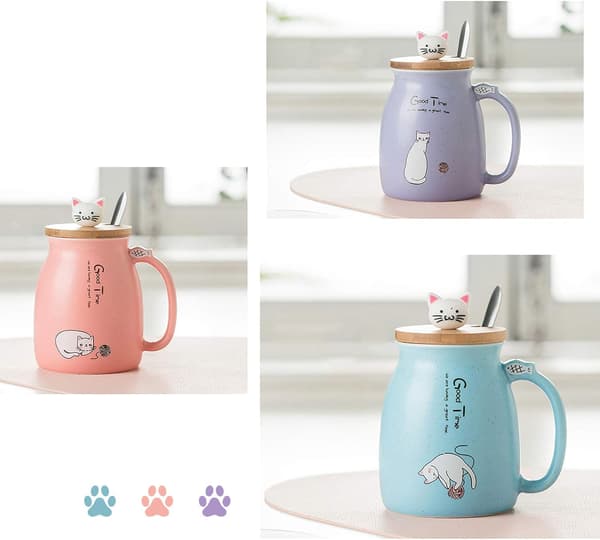Breakfast Mug Gift for Friends Cat Coffee Mug Rabbit Tea Cup with Lid Spoon Pink