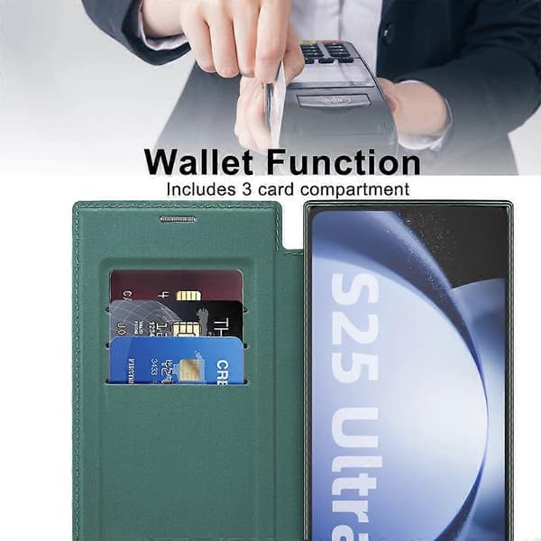 For Samsung Galaxy S25 Ultra Mobile Phone Case Compatible with MagSafe RFID Blocking Leather Case (Black Green)