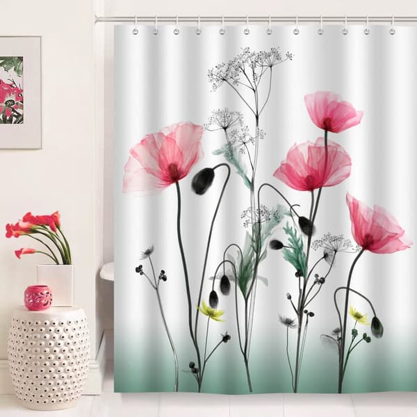 1 stk. rødt blomster bruseforhæng 180 x 200 cm bruseforhæng polyester