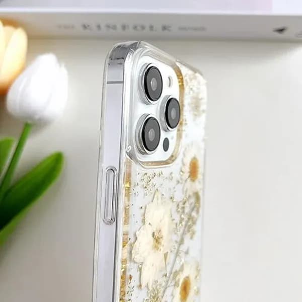 iPhone 13 Pro Transparent Case with Pressed Real Flowers Design, Glitter Cute White Floral Pattern Slim Soft TPU Case