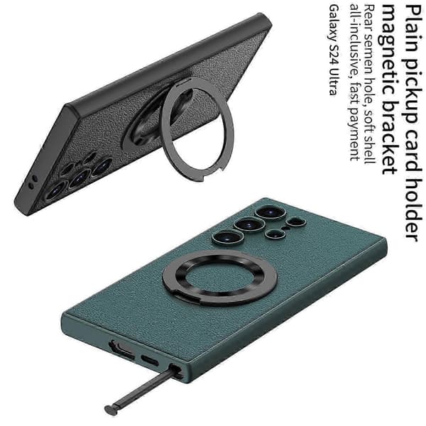 Magsafe Case for Samsung Galaxy S24 Ultra, Solid Color Leather All-Inclusive Shockproof Shell with Magnetic Ring Holder Black