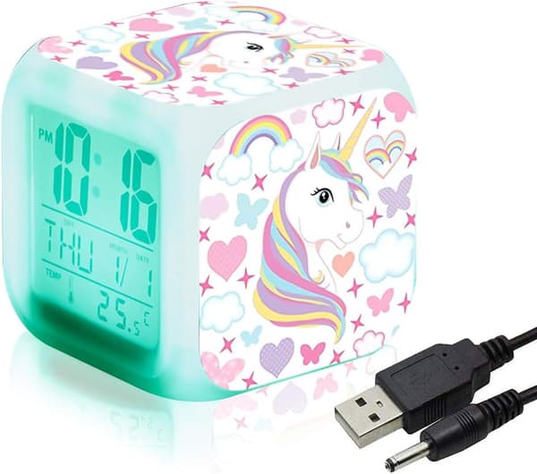 Enhjørning piger digitalt vækkeur, lys LCD LED-terning med lys