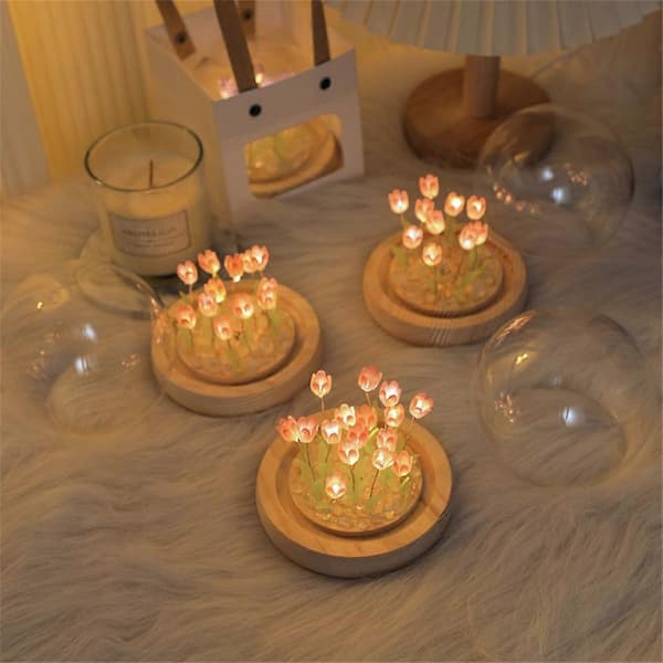 DIY Tulip Night Light LED Table Lamp with Glass Dome 13 Artificial Tulips Bedroom Desk (Type A)
