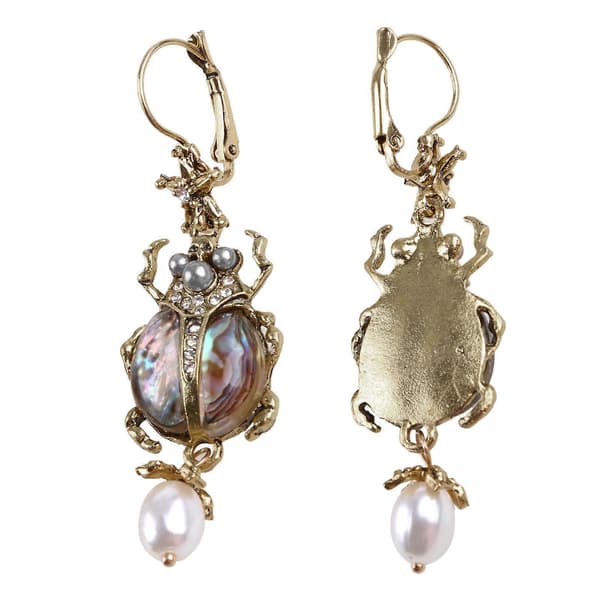 Natural Hanging Earrings with Abalone Shell, Freshwater Pearls and Beetle