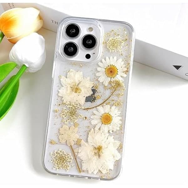 iPhone 13 Pro Transparent Case with Pressed Real Flowers Design, Glitter Cute White Floral Pattern Slim Soft TPU Case
