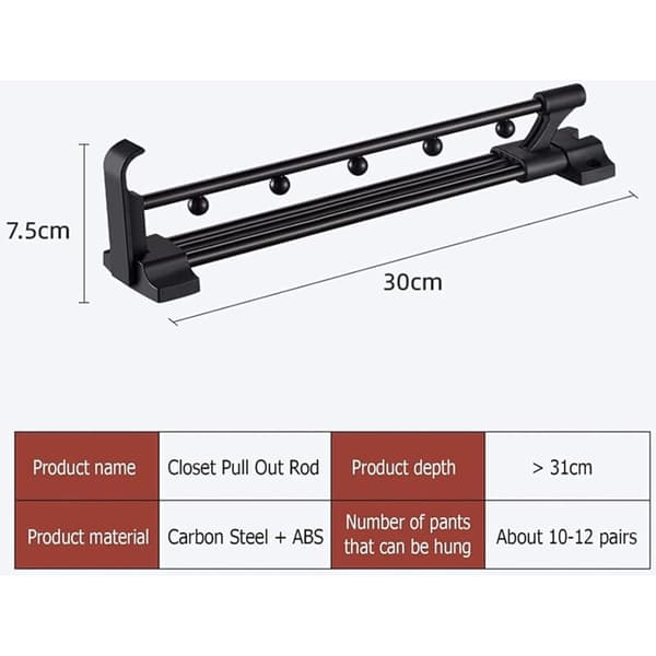 Heavy Duty Pull-Out Wardrobe Rod - Wardrobe Rail, Top Mounted to Save Closet Space (Size: 30)