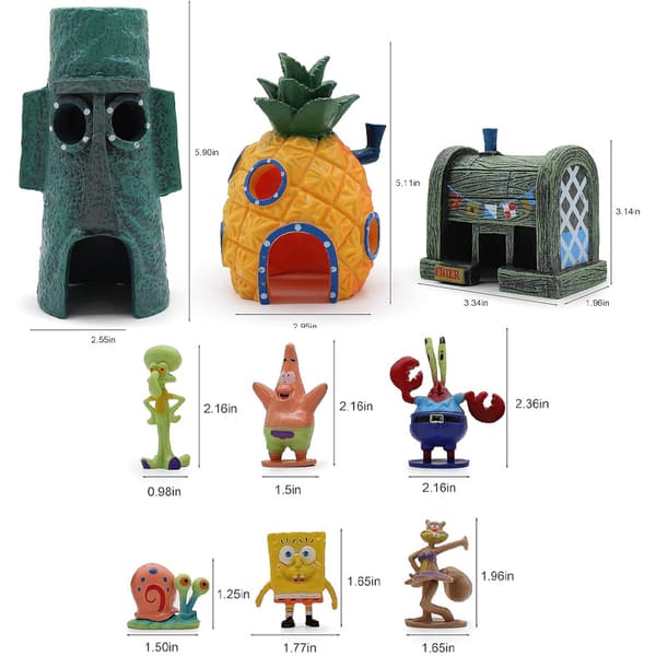 Aquarium Decorations. SpongeBob's Pineapple, Squidward's House, and Krusty Krab Resin Figures. 6 Character Models