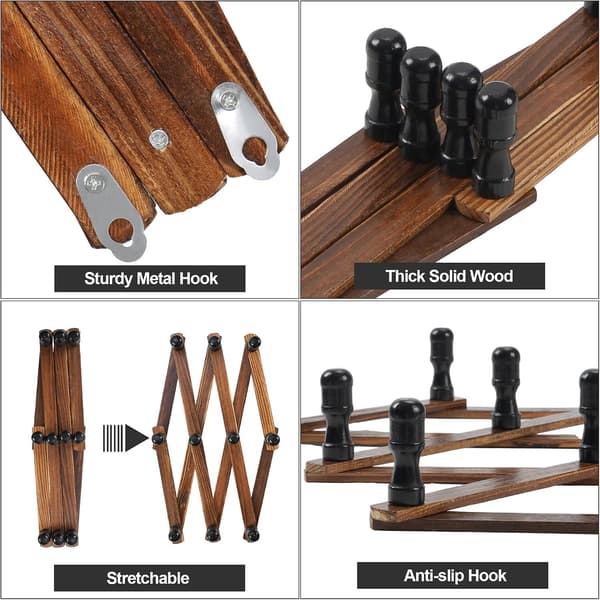 2-pack Wooden Accordion Hat Rack - Expandable Wall Mounted Coat Rack with 10 Hooks, Wall Hanger for Baseball Caps, Coats, Keys, Mugs