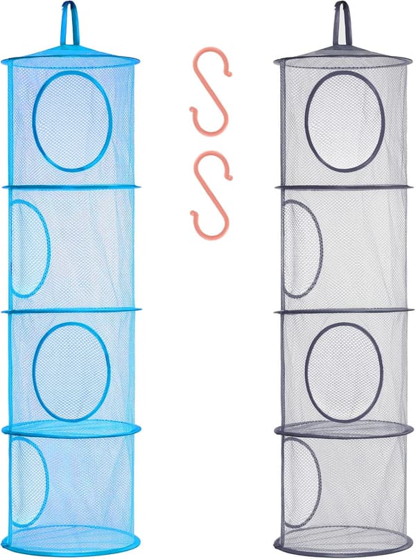 Foldable Hanging Storage Net, Space-Saving Bags, Organizer, Hanging Storage Compartment for Children's Stuffed Animals, 2-Pack (4 Tiers - Blue and Grey)
