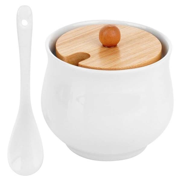 Sugar bowl - Vilde - White ceramic - 250 ml - Bamboo lid - Minimalist design