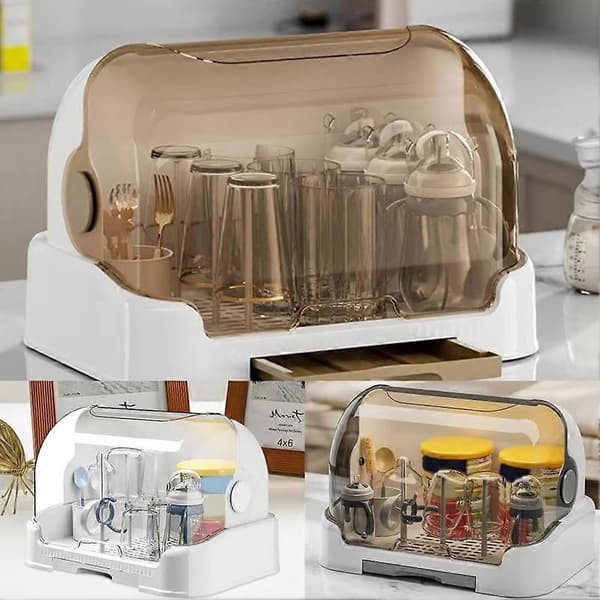 Portable Bottle Drying Rack with Dustproof Lid, Removable Drip Tray and Compact Storage Design Brown