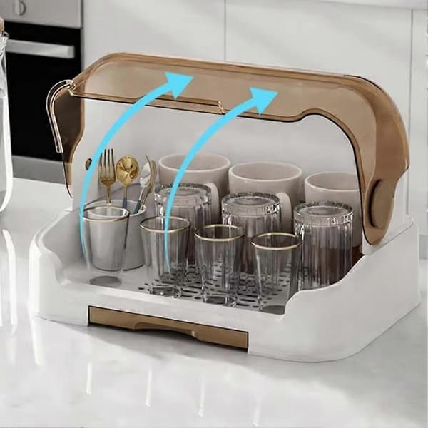 Portable Bottle Drying Rack with Dustproof Lid, Removable Drip Tray and Compact Storage Design Brown