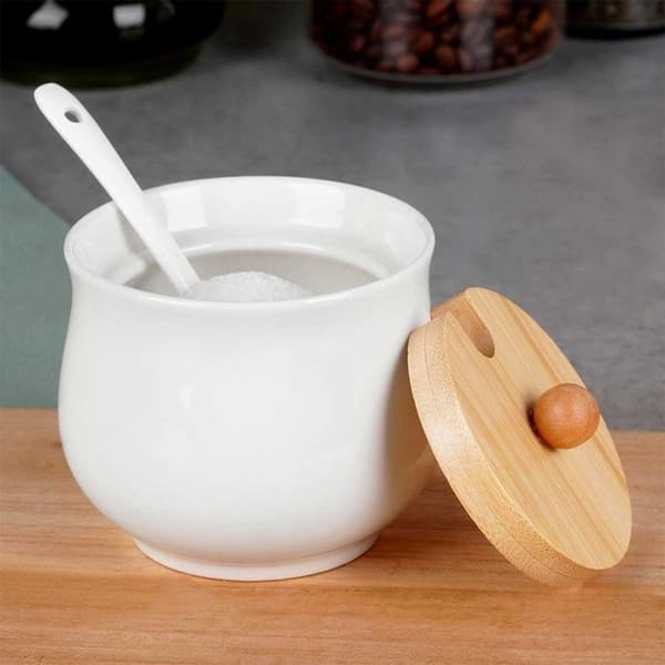 Sugar bowl - Vilde - White ceramic - 250 ml - Bamboo lid - Minimalist design