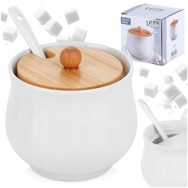 Sugar bowl - Vilde - White ceramic - 250 ml - Bamboo lid - Minimalist design