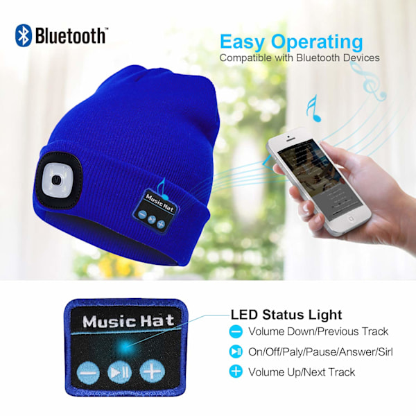 Bluetooth Music Neulottu hattu LED-lampun kannen kanssa Black