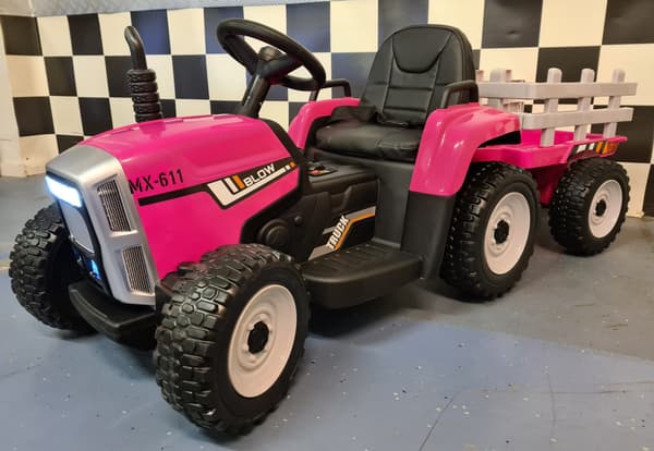 Børnetraktor 12 volt med trailer pink