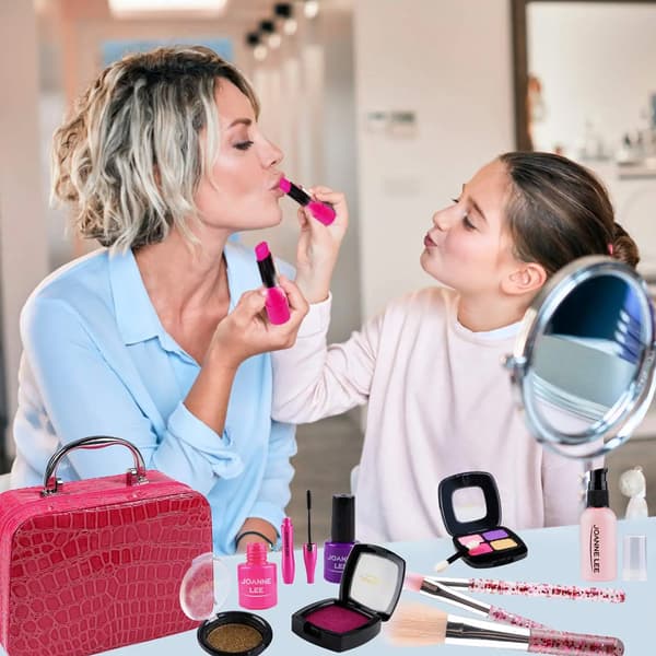 Vaskbart børne-foregive makeup-legetøjssæt med kosmetiktaske