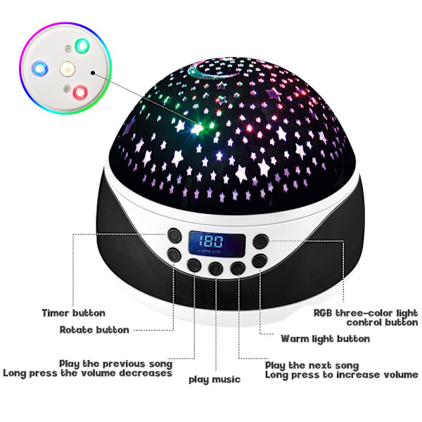 Roterende nattlampe for projektor med musikk til barnerommet Black