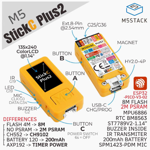 Kompatibel med M5Stack StickC PLUS2 ESP32 IoT Utvecklingskort