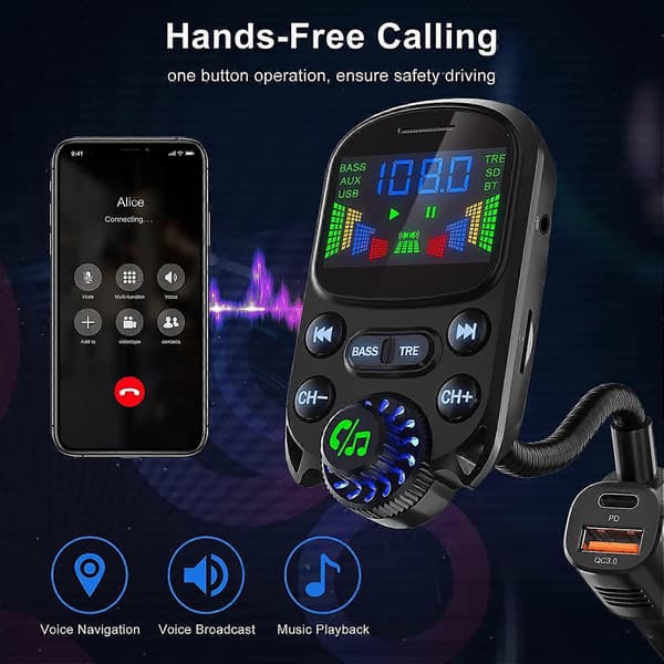 Bluetooth 5.3 FM-sändare, QC3.0 PD30W Billaddare Handsfree Bil Kit