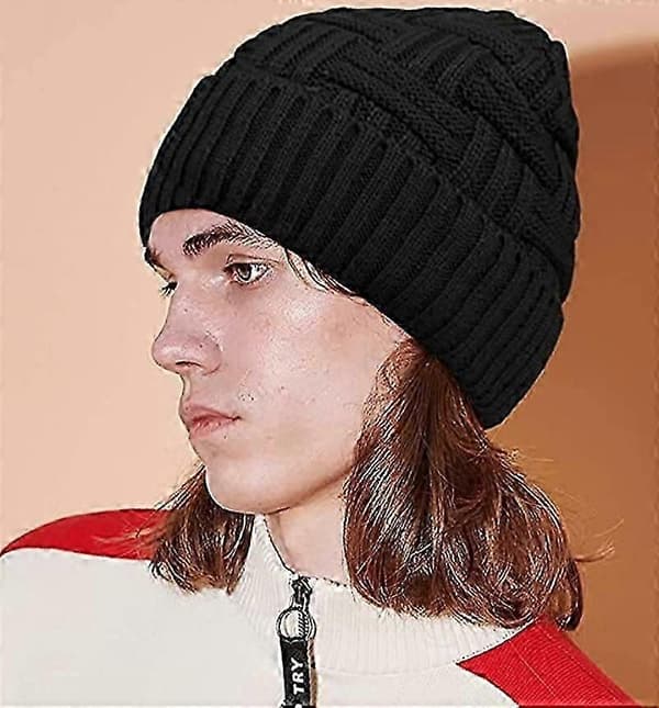 Stickad mössa Herr vintermössa varm beanie mössa med fleecefoder svart