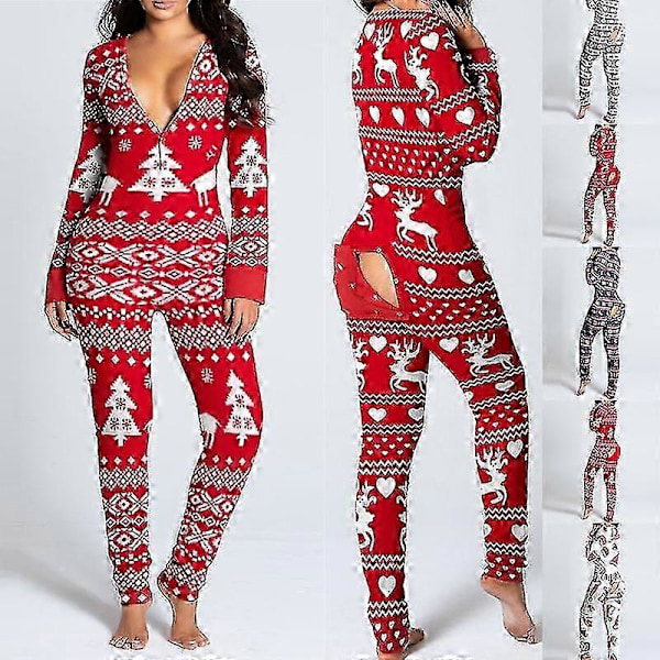 Dam One Piece Tryckt Sovplagg Jul Pyjamas Jumpsuit Rompers Långärmad Nattlinne