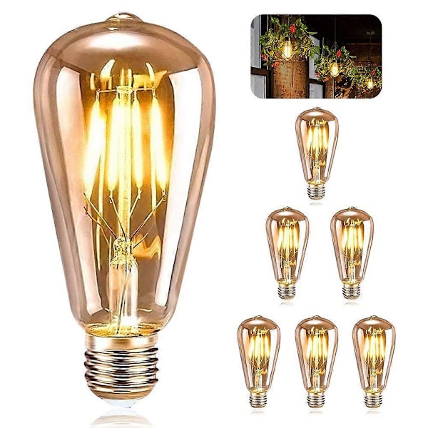 6-pack E27 Vintage Glödlampa, LED ST64 Retro Vintage Edison Dekorativ Lampa, 4W Varmvit Filament för Restaurang Café Bar Glödlampor