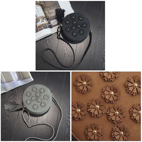 Dam Liten Blomma Tofs Axelväska PU Läder Rund Väska Crossbody Väskor
