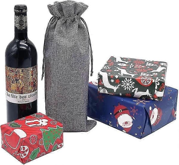 Jute Vinpåse Hessian Vinflaskpresentpåse med Dragsko Grå - 12-pack