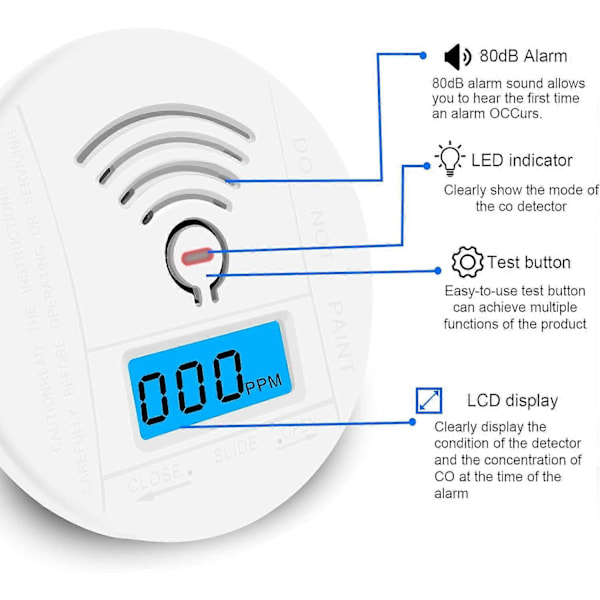 Trådlös Mini Kolmonoxidvarnare, CO-larm Batteridriven med LCD Digital Display och Ljudlarm, (Vit)