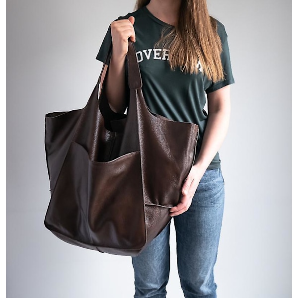 Vintage Stor Dam Tote Väska Multipla Fickor Läder Vikbar Shoppingväska Casual Portabla Affärsväskor
