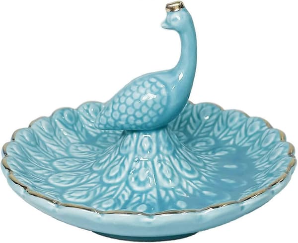 Ringhållare, Keramisk Påfågel Smyckesfat Organizer (Blå)