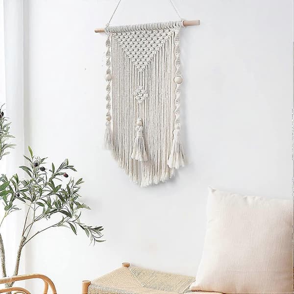 Makramé Väggbonad Boho Väggdekor för Heminredning (Beige)
