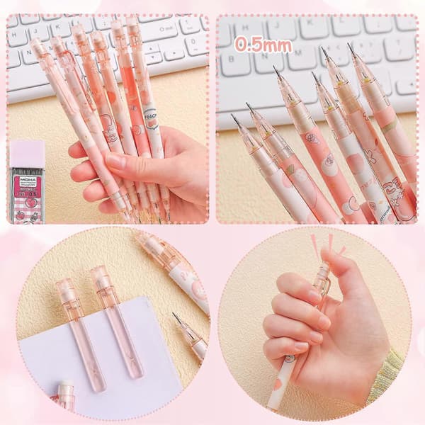 6 st Mekaniska Pennor Set 0.5mm Hb Automatisk Penna Rosa