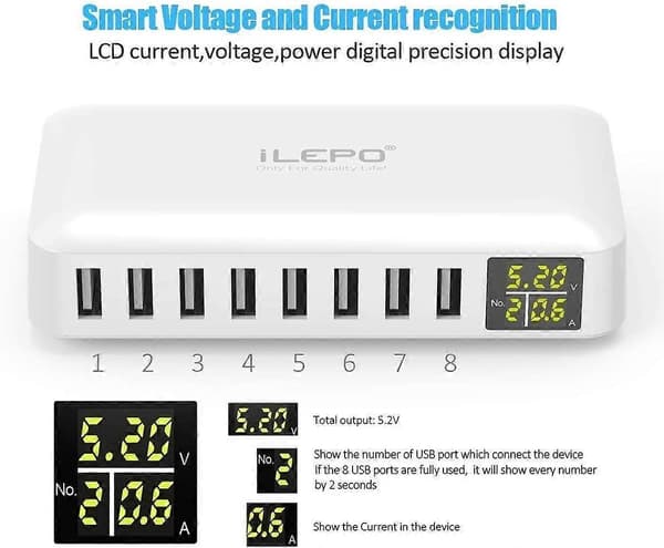 5V8A 8-portars USB-laddare med LCD-skärm, USB Multi Socket Smart Laddstation